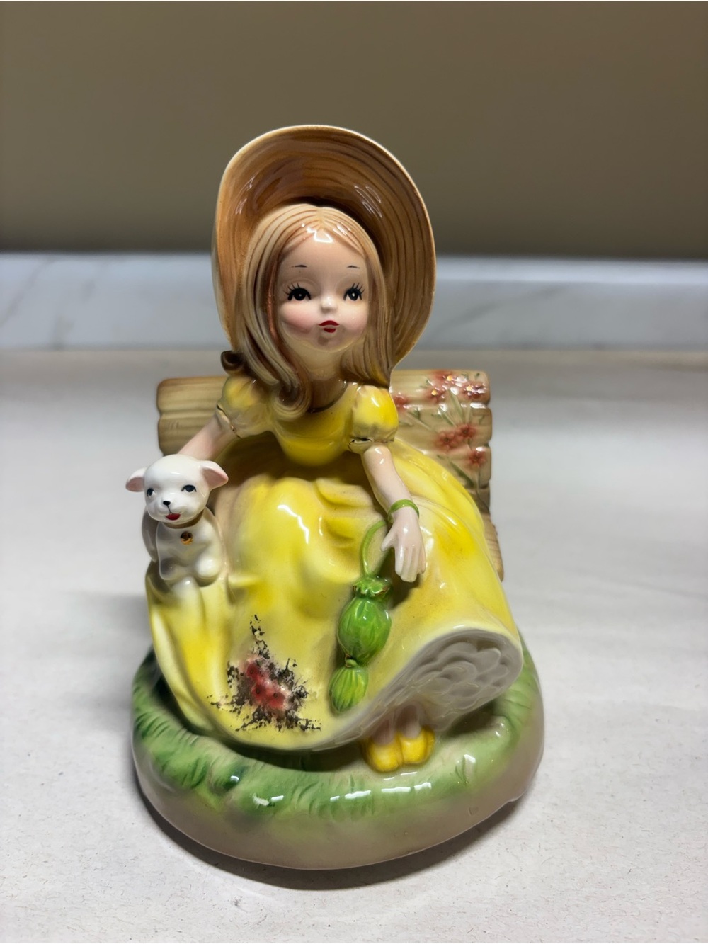 Ceramic Girl Figurine in Yellow Dress -Plays music
